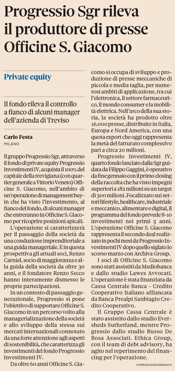 Officine S. Giacomo hacia nuevos horizontes con Progressio Sgr /New horizons for Officine S. Giacomo with Progressio Sgr - SanGiacomo Presse